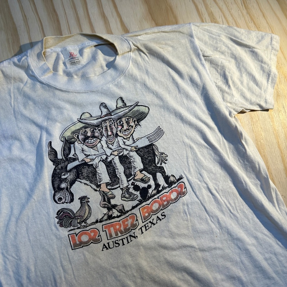 Vintage 80s Stedman Hi-Cru Los Tres Bobos Austin Texas Graphic T-Shirt L White